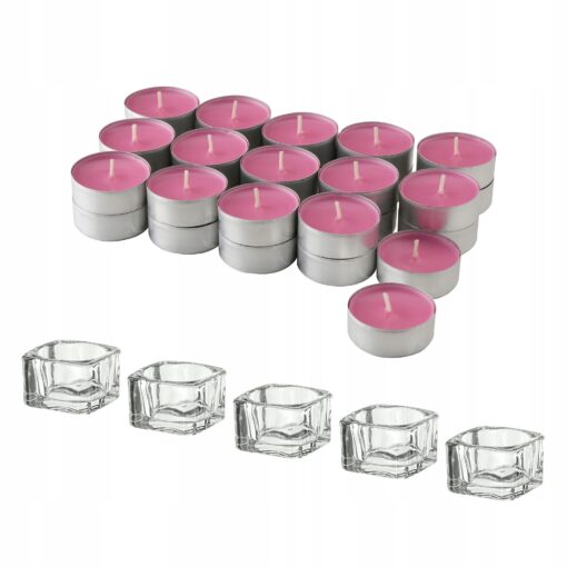 IKEA SINNLIG ŚWIECZKI TEALIGHT ZAPACHOWE CZEREŚNIE 30 SZT. + ŚWIECZNIK 5 SZT.