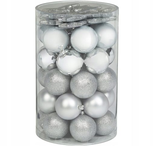 BOMBKI CHOINKOWE SREBRNE Z GWIAZDKAMI - 50 SZT.