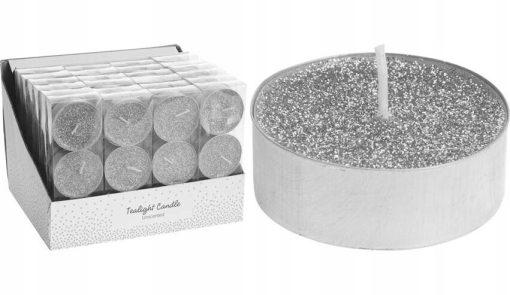 ŚWIECZKI TEALIGHT SREBRNE BROKAT PODGRZEWACZE 3SZT
