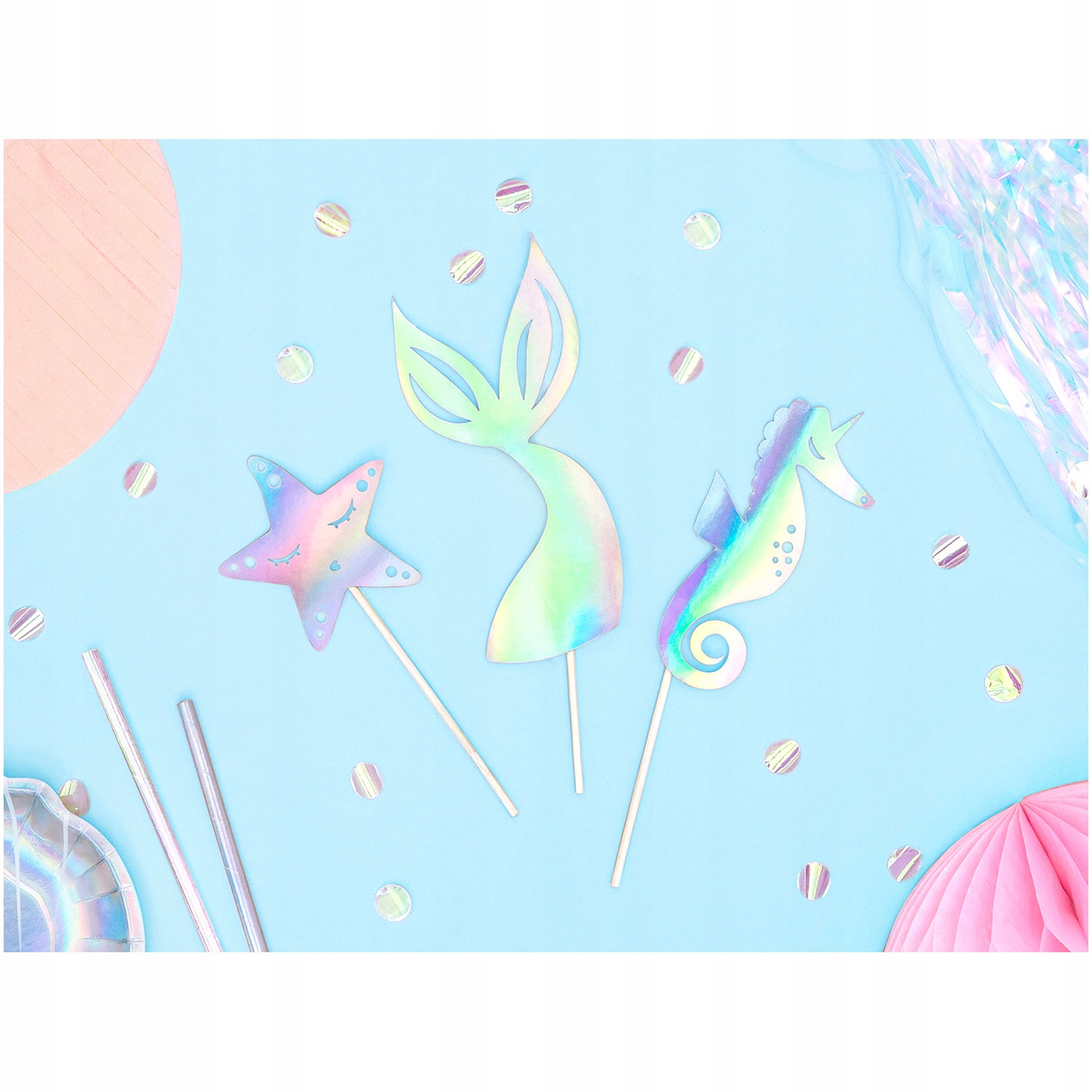 Toppery na tort ciasto urodzinowe syrenka holograficzne dekoracja urodziny - obrazek 2