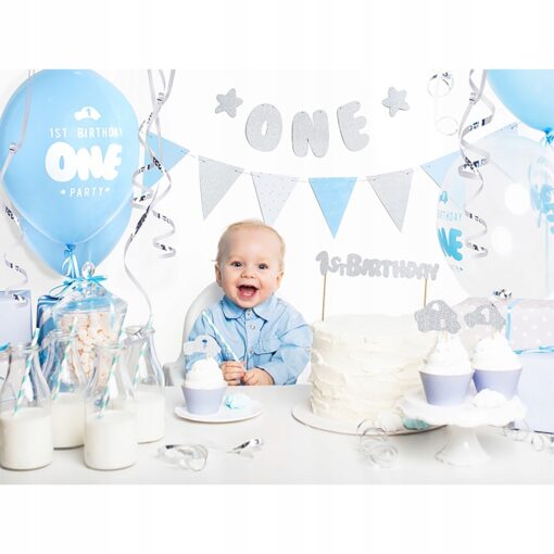 Girlanda 1 Urodziny Chłopca Roczek baby shower błękitna niebieska flagi - obrazek 2
