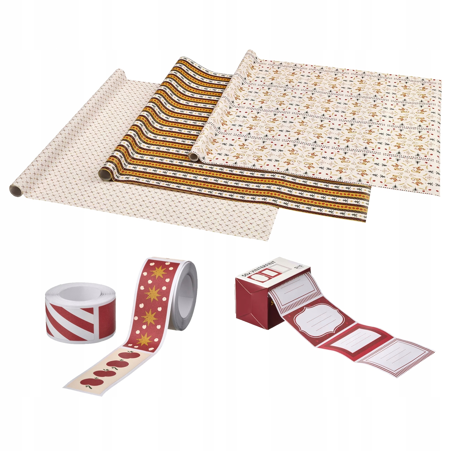 PAPIER DO PAKOWANIA PREZENTÓW ŚWIĄTECZNY ZESTAW 3 szt. + taśma + etykiety