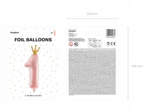 Balon foliowy Cyfra 1 Roczek JASNORÓŻOWY korona 90 cm dekoracja urodziny - obrazek 5